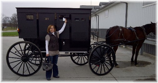 Pam with Amish buggy in Indiana