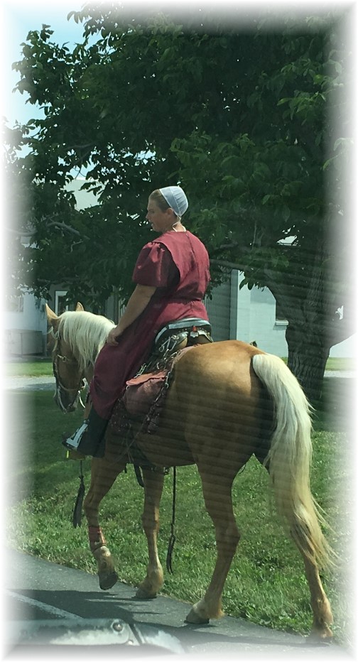 Plain woman riding horse near New Holland, PA