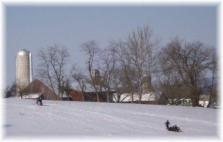 Sledding on an Amish farm
