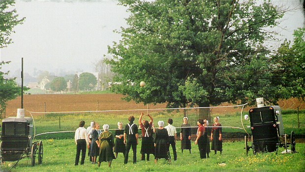 Amish youth playing volleyball