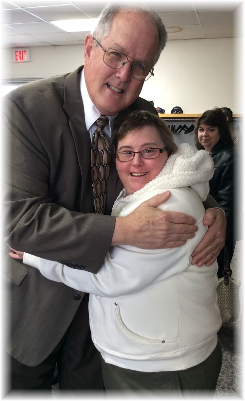 Pastor Keefer hugging Connie 11/16/14