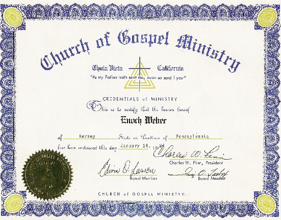 Enoch's ordination certificate