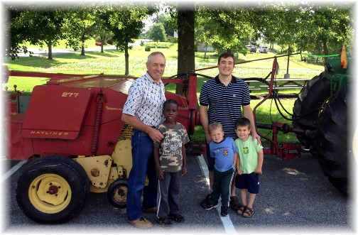 Galen with oldest son, grandsons and 38 year old baler (6/14/14)