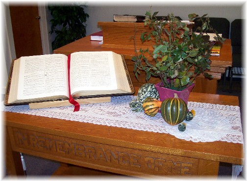 Flower arrangement on Communion Table
