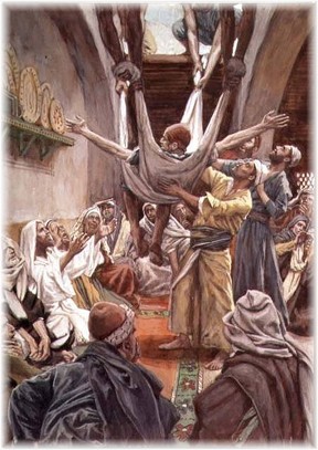Jesus with the paralytic man being lowered through roof