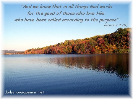 Romans 8:28 with lake scene