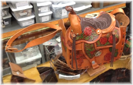 Saddle purse at leather shop in New Braunfels Texas 5/6/14