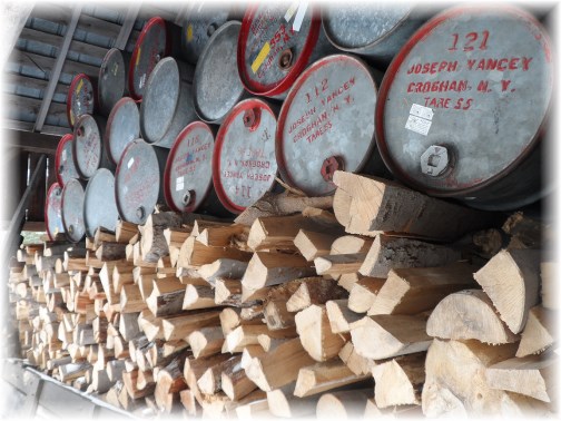 Yancey's sugarbush wood and syrup barrels 3/24/13
