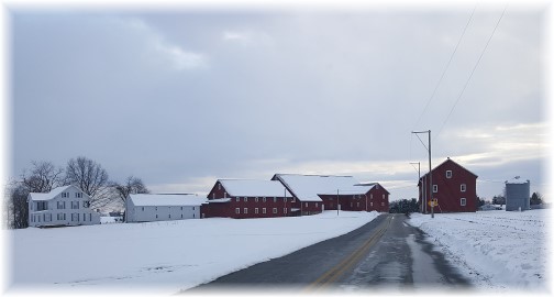 Red barns in snow along Harvest Road, in Lancaster County PA 2/10/16