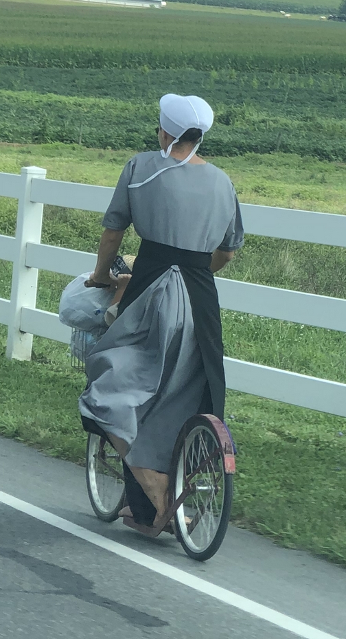 Amish mother and two children on scooter, Lancaster County, PA 8/8/19