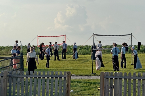 Amish youth playing volleyball