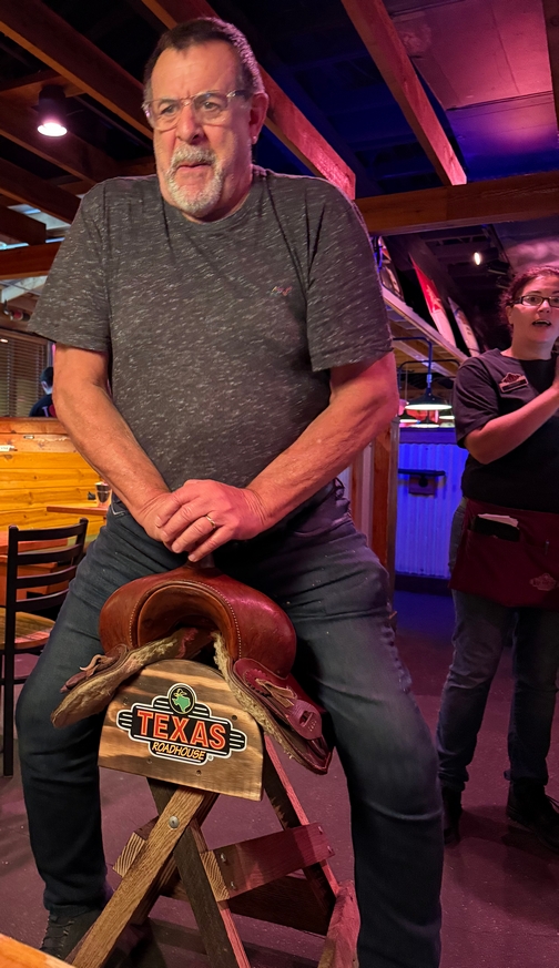 Stephen at 71 on saddle at Texas Roadhouse Stephen at 71 on saddle at Texas Roadhouse