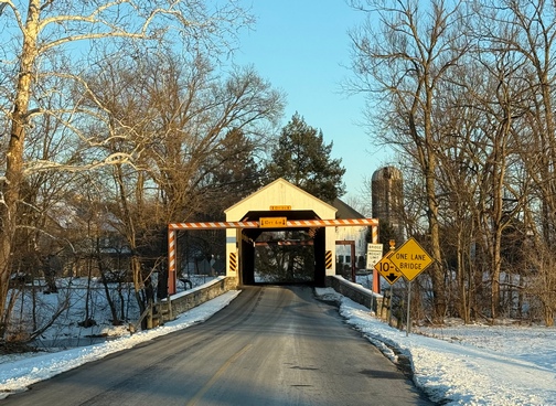 Covered bridge in snow
