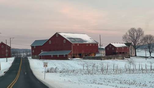 Lancaster County red barns in snow