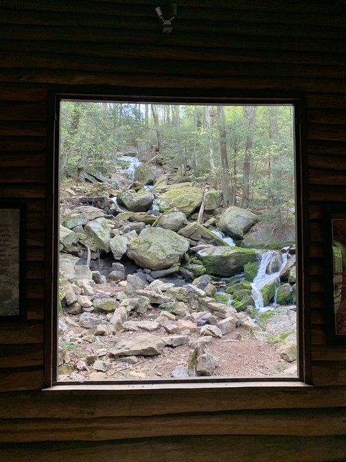 Aycrigg's Falls from Bordner cabin window, Swatara rail trail, Lebanon County, 4/30/19 (Click to enlarge)